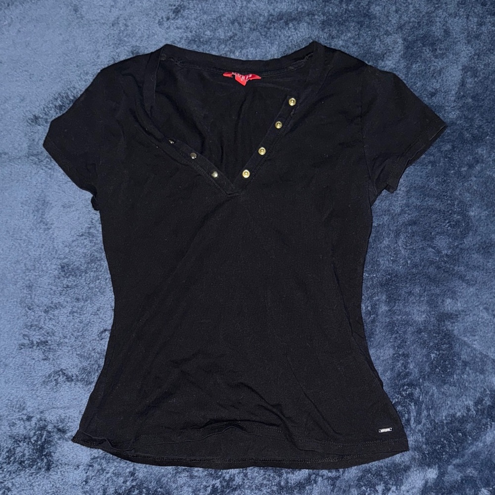 Guess Black Short Sleeve Top with Button Accents